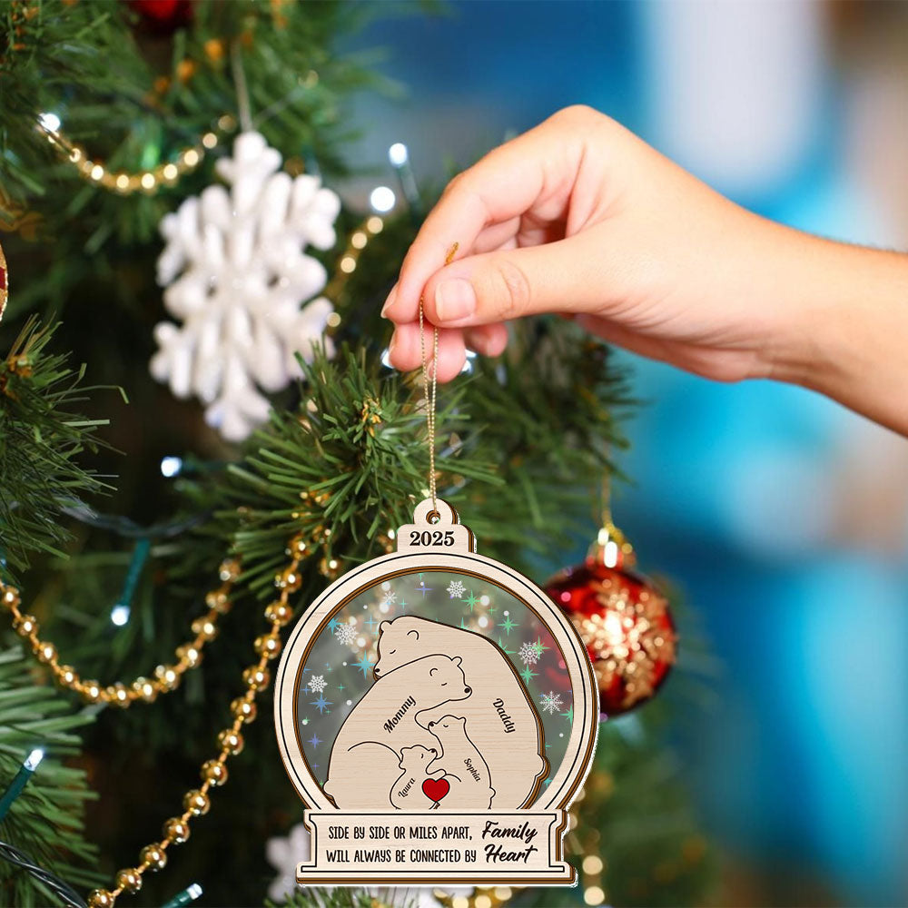 Personalized Bear Family Ornament: Custom Hologram 2-Layered Keepsake, connected by heart.