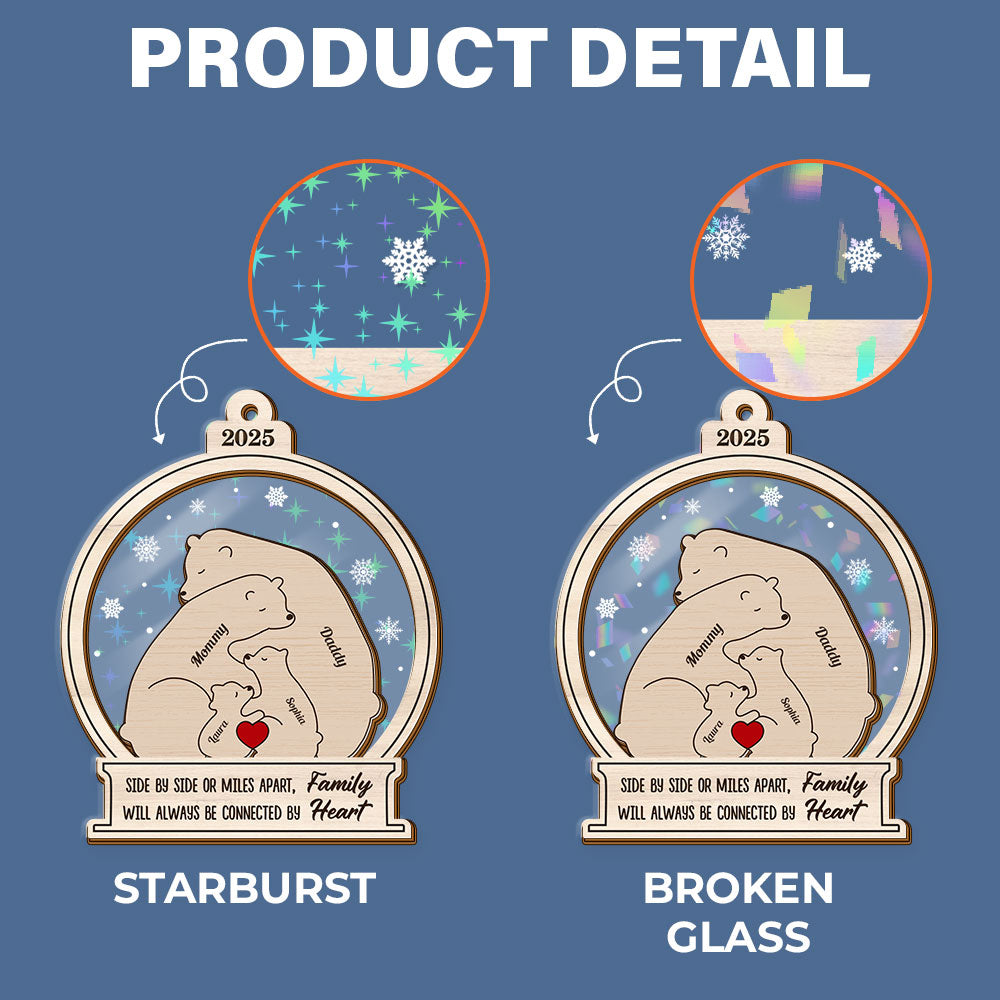 Personalized Bear Family Ornament: Custom Hologram 2-Layered Keepsake, connected by heart.