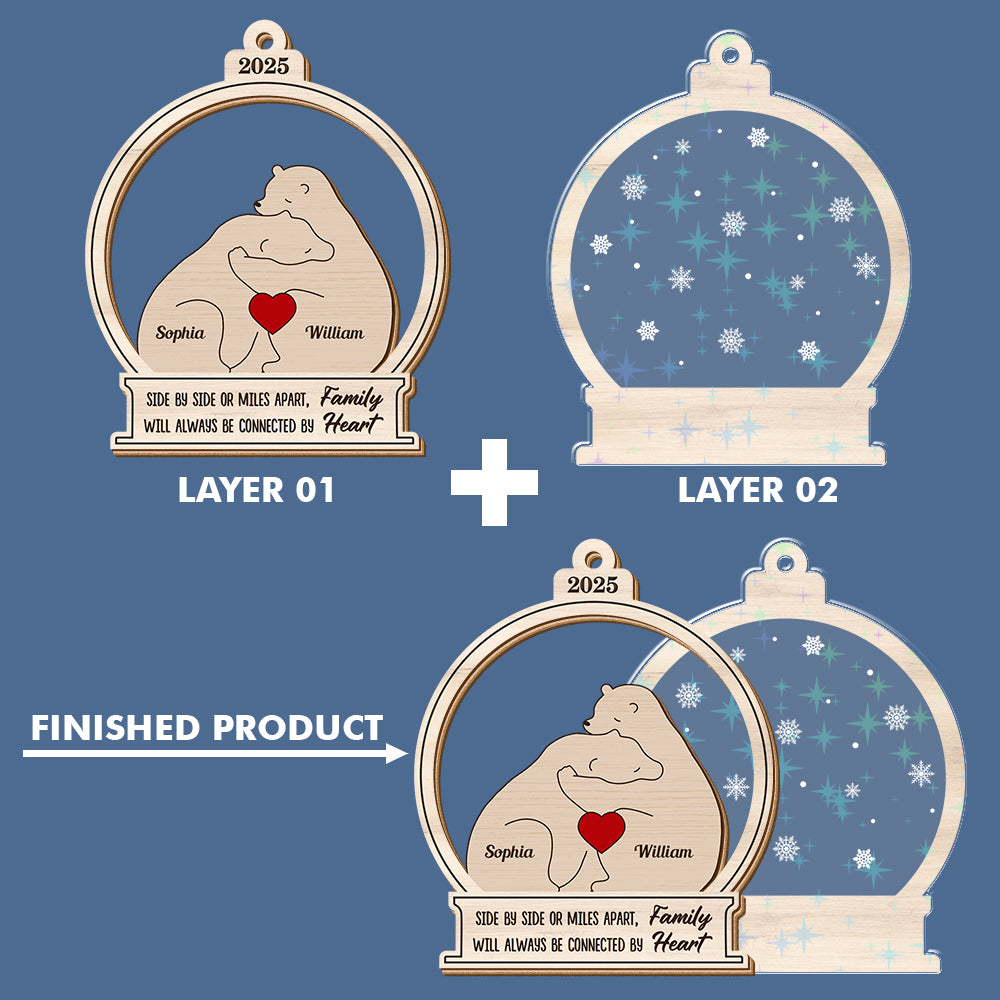 Personalized Bear Family Ornament: Custom Hologram 2-Layered Keepsake, connected by heart.