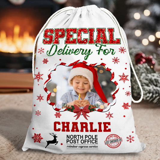 Personalized Christmas glitter bag with a family name, festive sack for holiday gifts.