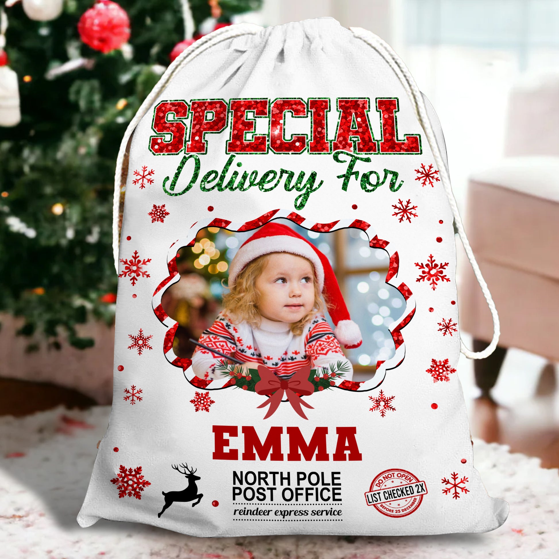 Personalized Christmas glitter bag with a family name, festive sack for holiday gifts.