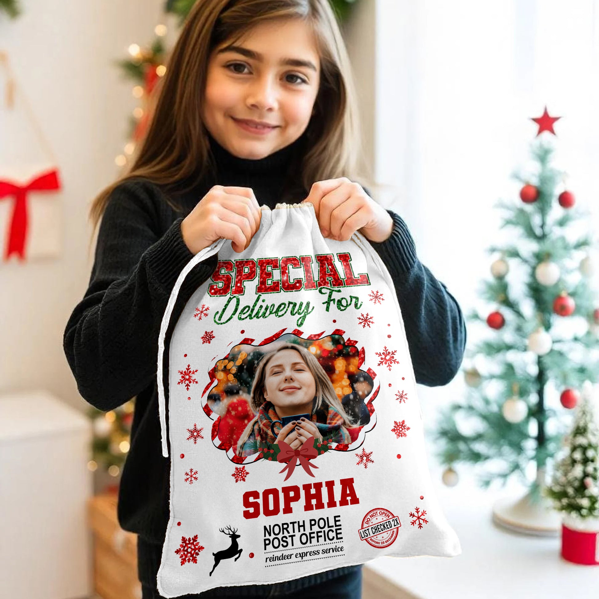 Personalized Christmas glitter bag with a family name, festive sack for holiday gifts.