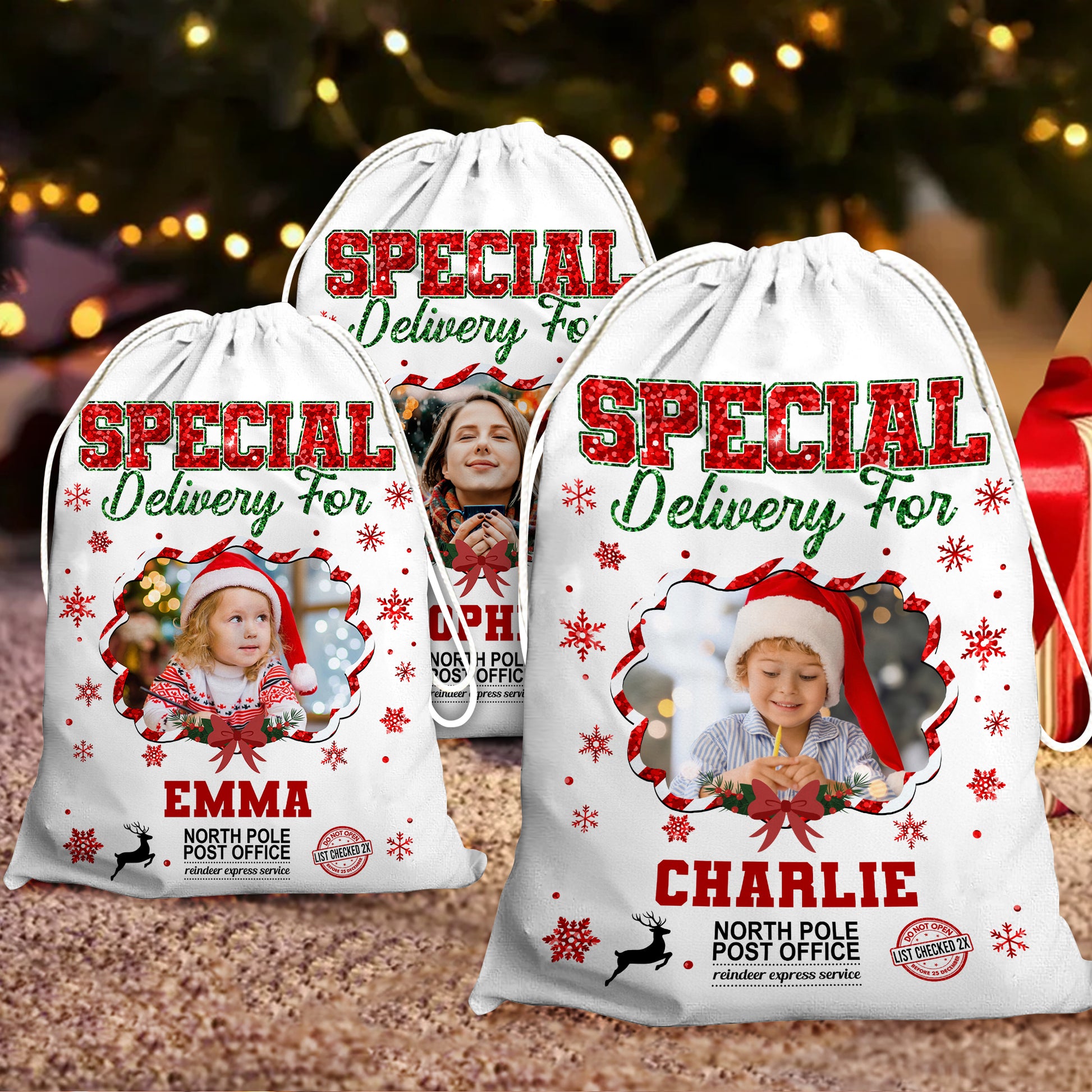 Personalized Christmas glitter bag with a family name, festive sack for holiday gifts.