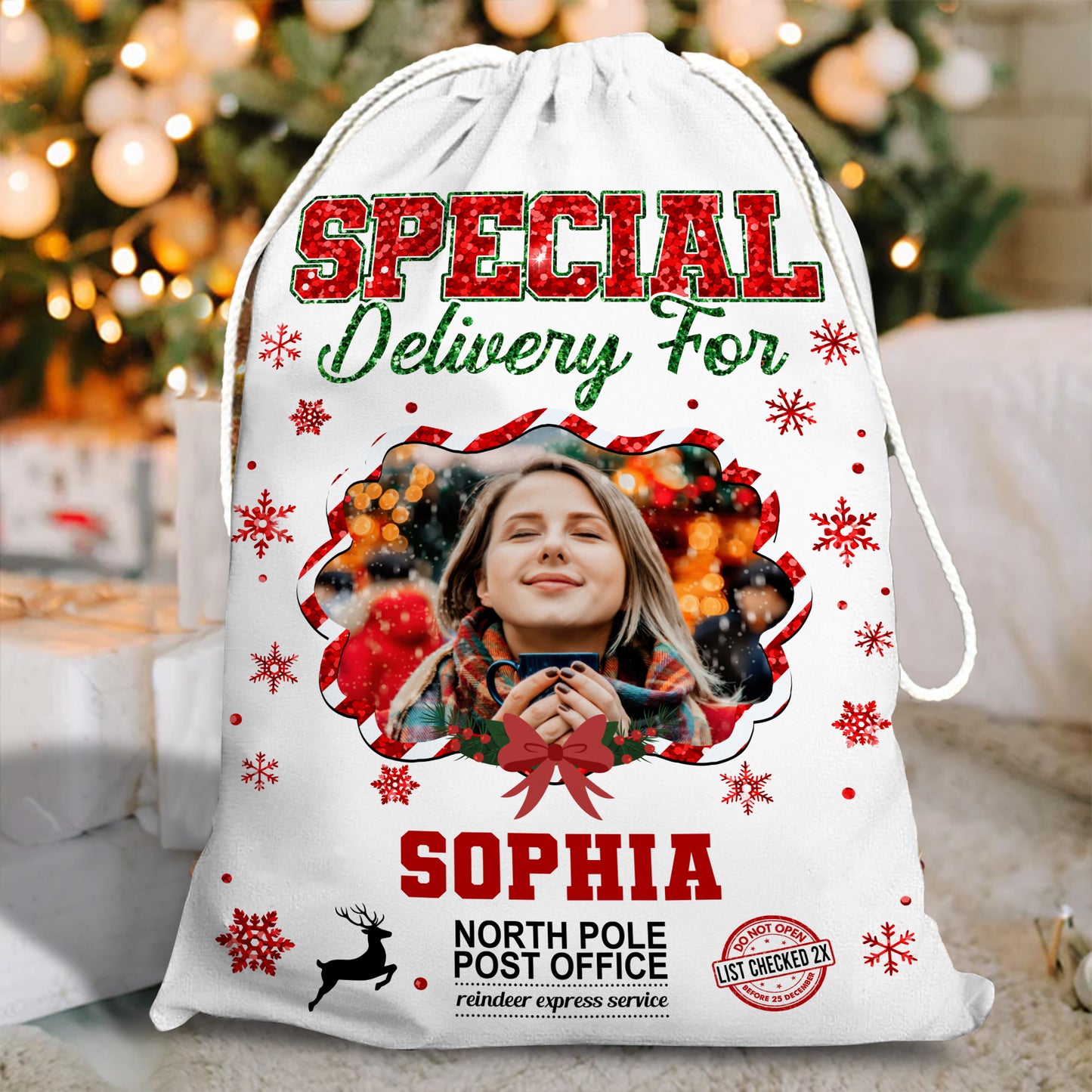 Personalized Christmas glitter bag with a family name, festive sack for holiday gifts.