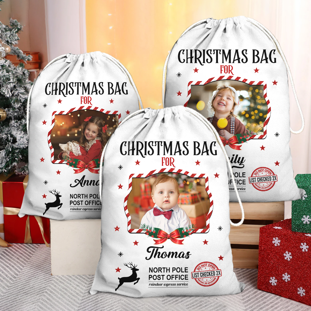 Personalized Christmas photo bag; a festive gift sack for family with custom picture.