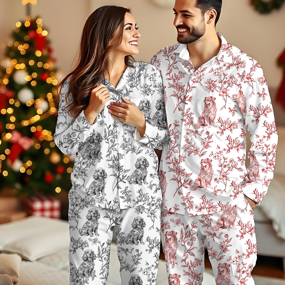 Personalized custom dog pajamas with a cartoon dog face, a unique Christmas gift for pet owners.