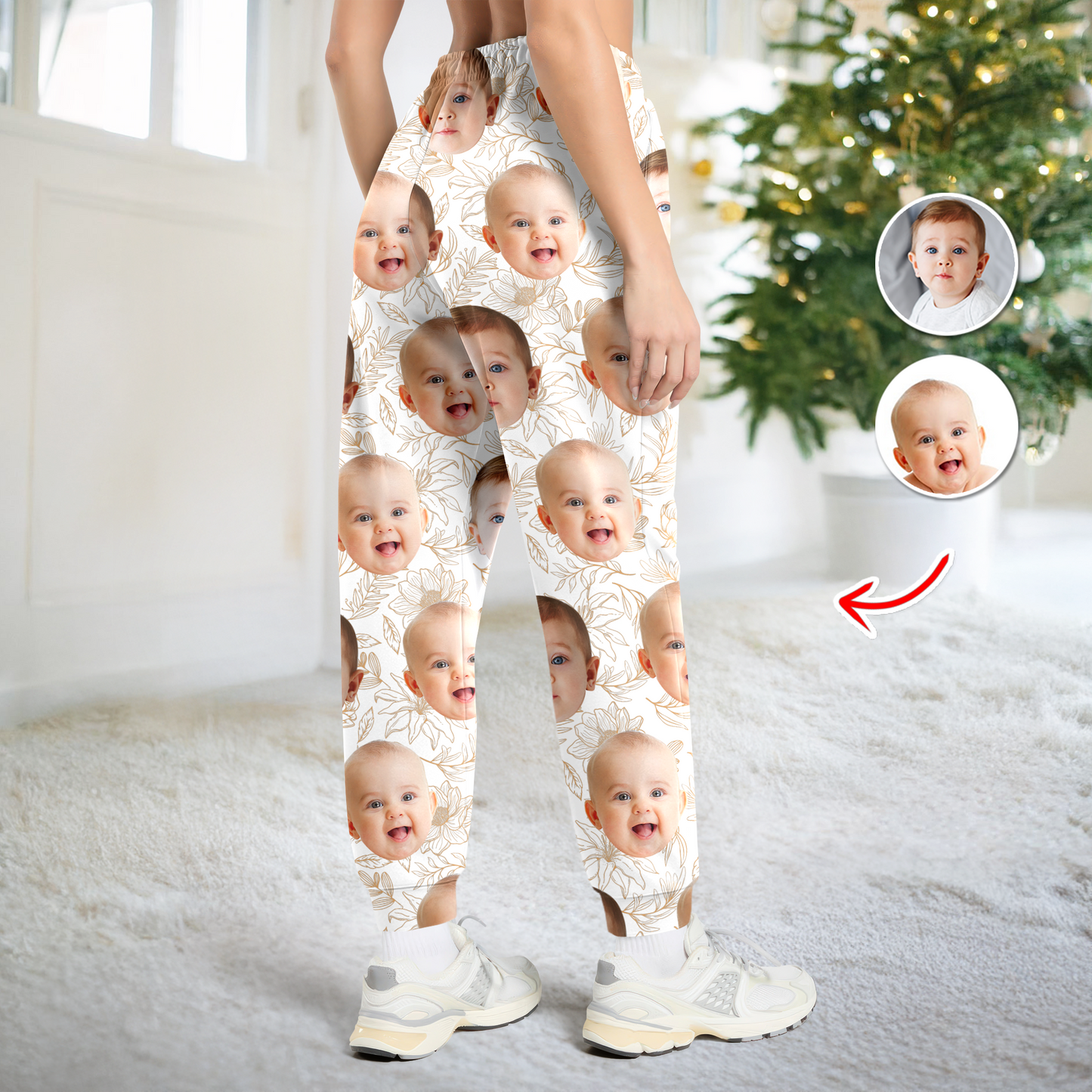 Personalized custom face pajama pants, back view. Fun Christmas gift idea.