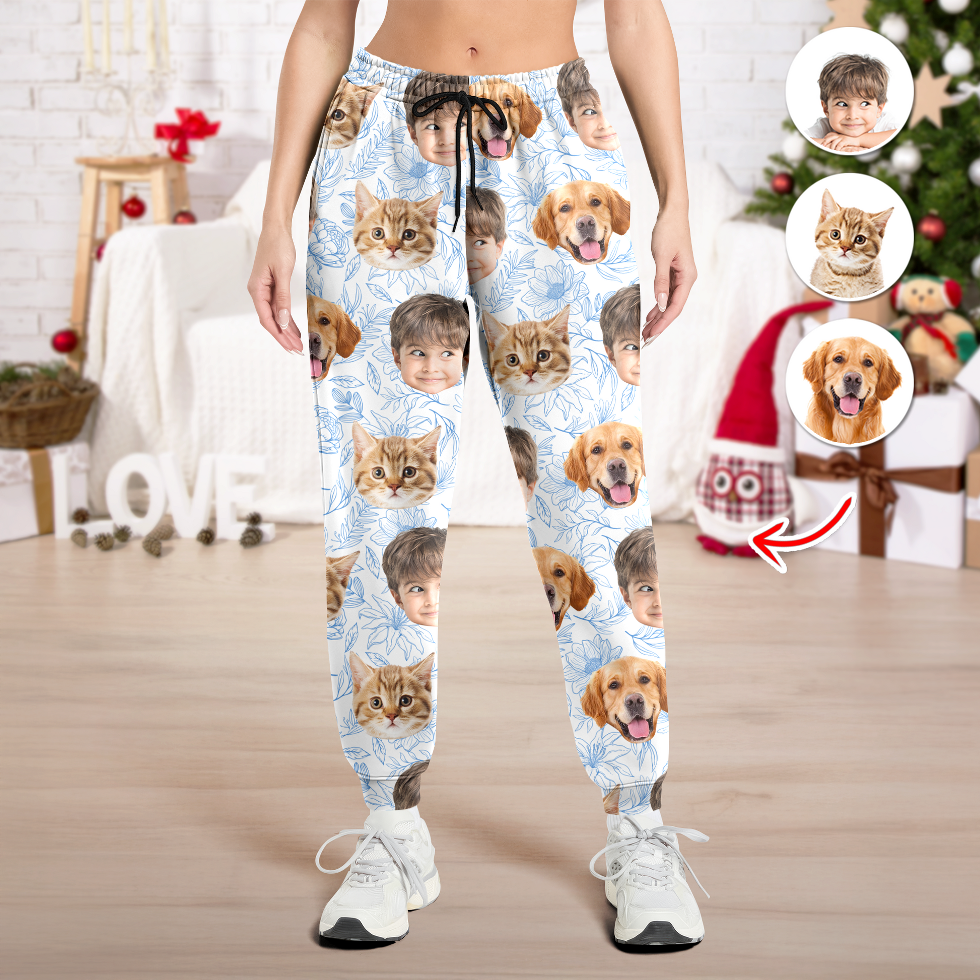 Personalized custom face pajama pants, back view. Fun Christmas gift idea.