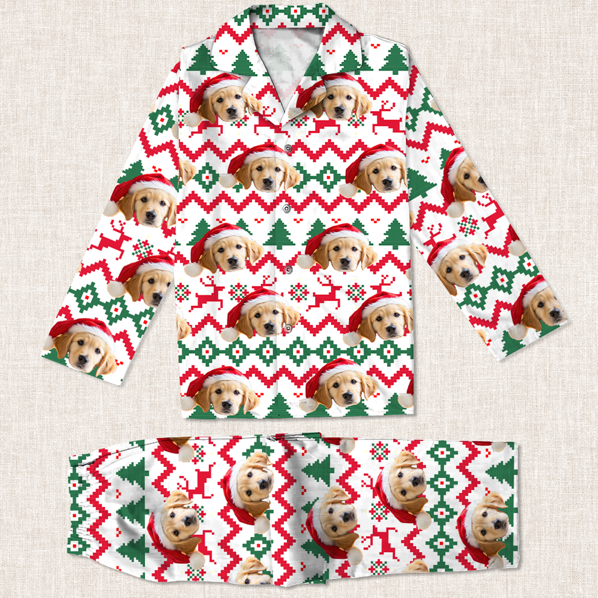 Personalized pet pajamas with custom face photo, perfect Christmas gift for pet lovers.
