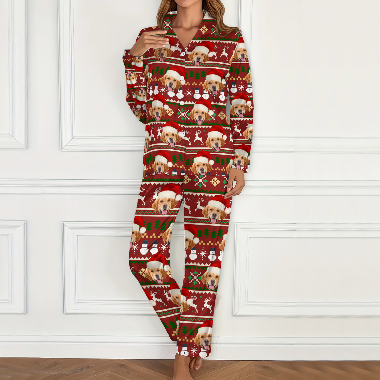 Personalized pet pajamas with custom face photo, perfect Christmas gift for pet lovers.
