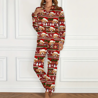 Personalized pet pajamas with custom face photo, perfect Christmas gift for pet lovers.
