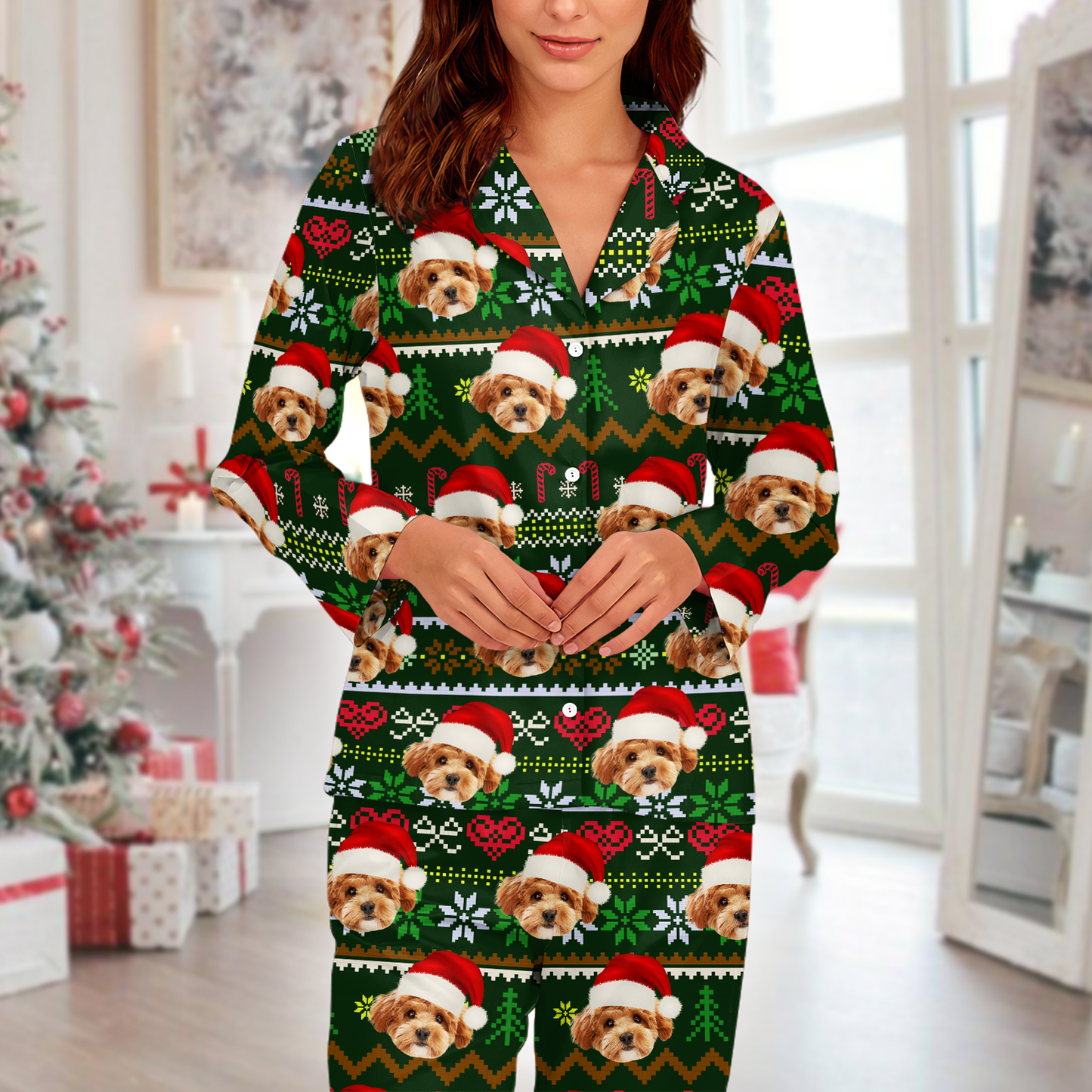 Personalized pet pajamas with custom face photo, perfect Christmas gift for pet lovers.
