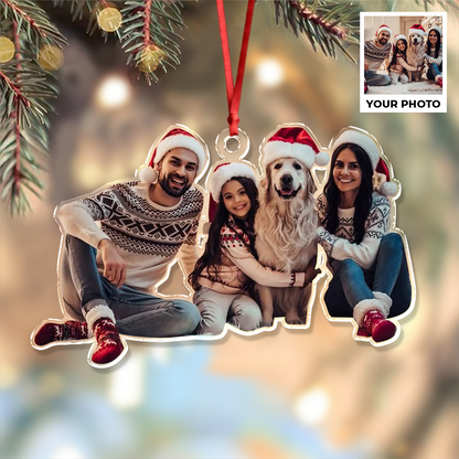 Personalized family photo ornament with custom names, a clear acrylic holiday keepsake.
