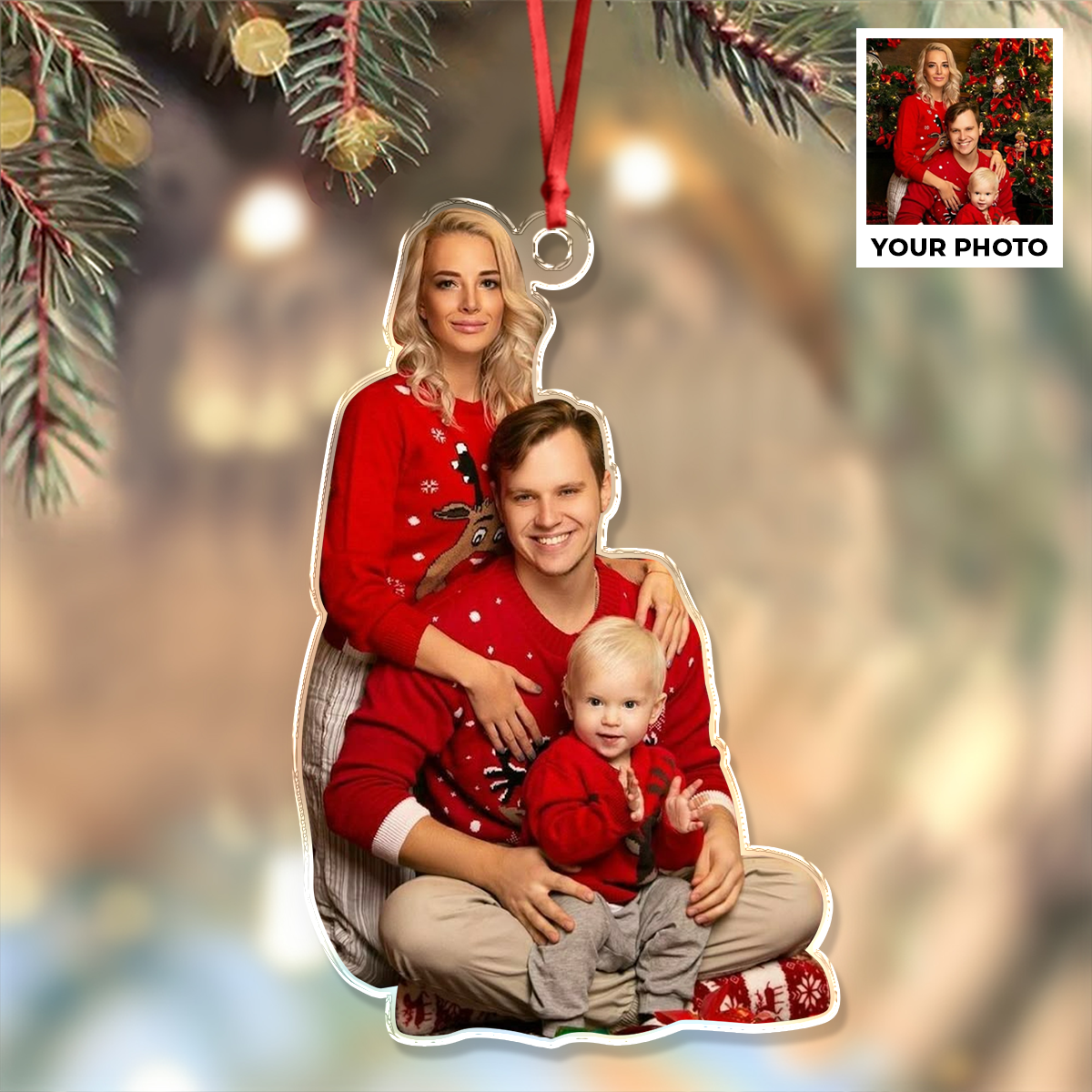 Personalized family photo ornament with custom names, a clear acrylic holiday keepsake.