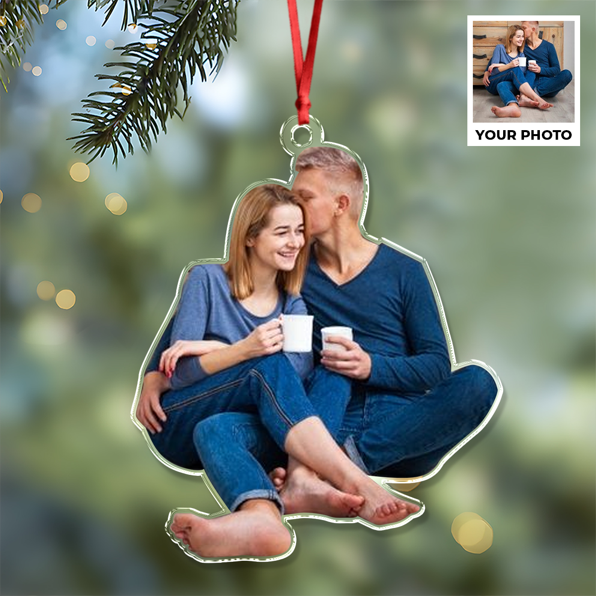 Personalized family photo ornament with custom names, a clear acrylic holiday keepsake.