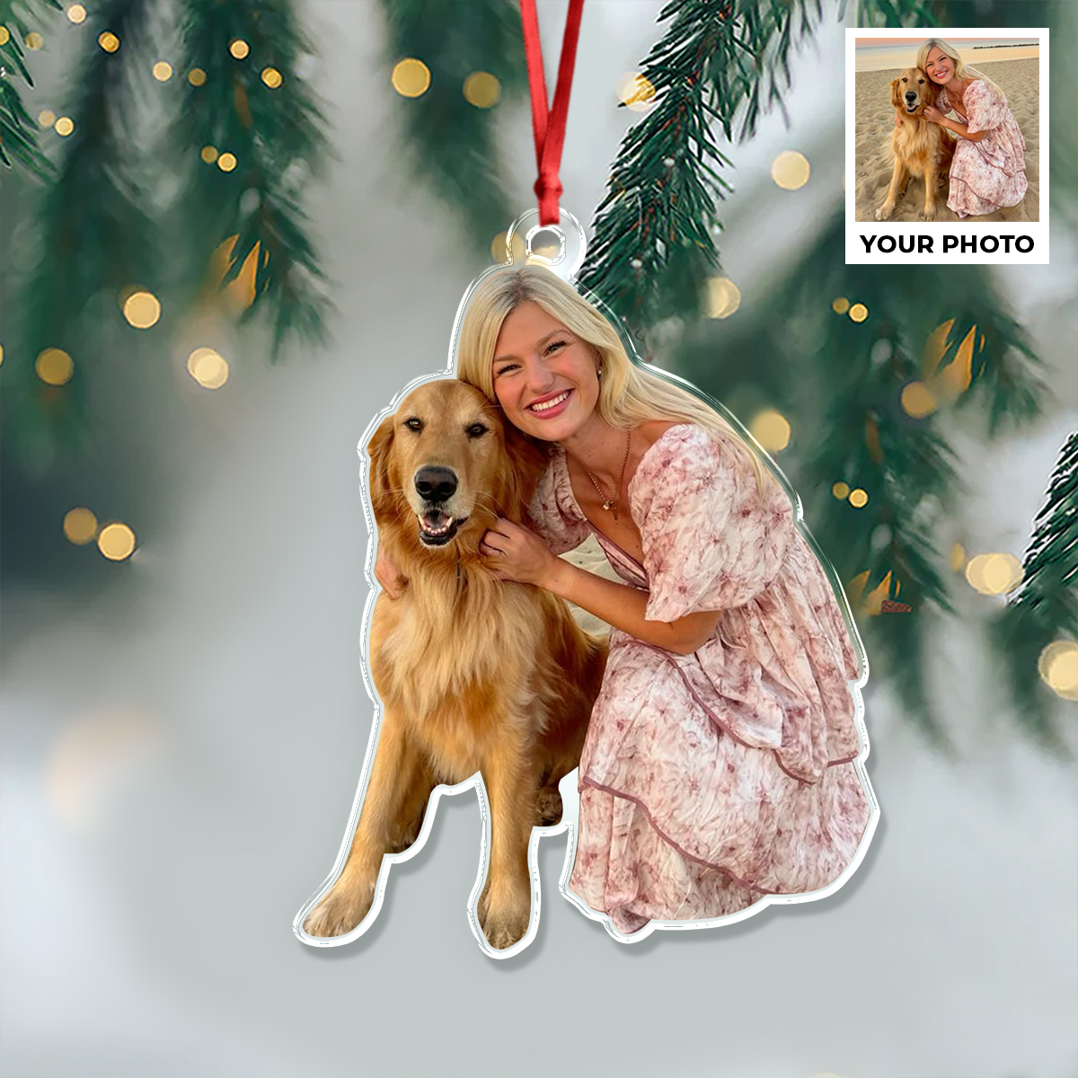 Personalized family photo ornament with custom names, a clear acrylic holiday keepsake.