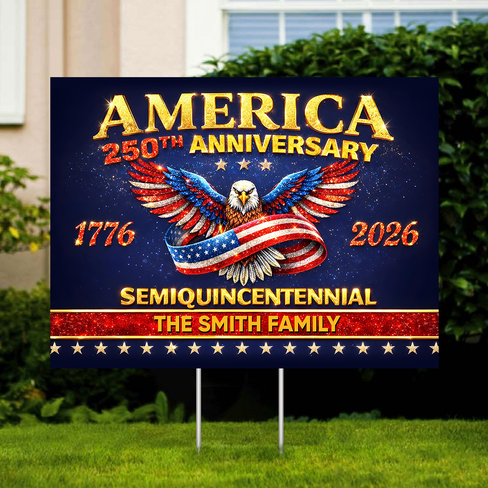 Personalized Family Name America 250th Anniversary Lawn Sign with Stake. Celebrate the 250th with a custom yarn sign!