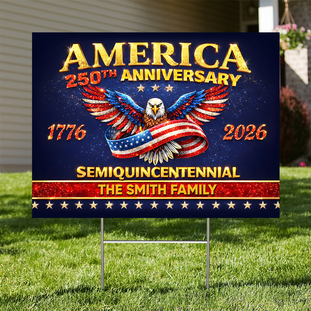 Personalized Family Name America 250th Anniversary Lawn Sign with Stake. Celebrate the 250th with a custom yarn sign!