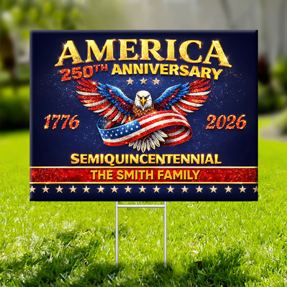 Personalized Family Name America 250th Anniversary Lawn Sign with Stake. Celebrate the 250th with a custom yarn sign!