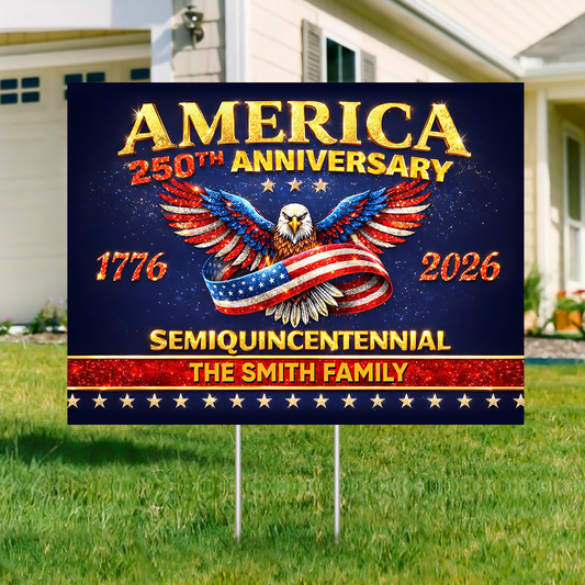 Personalized Family Name America 250th Anniversary Lawn Sign with Stake. Celebrate the 250th with a custom yarn sign!