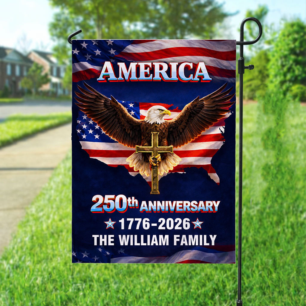 Personalized Family Name America 250th Anniversary Garden Flag. Show your patriotic pride!