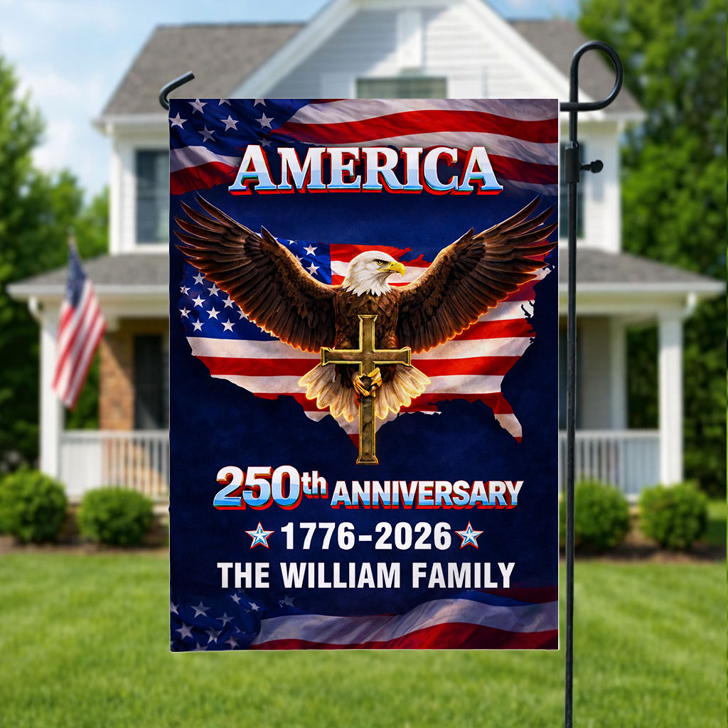 Personalized Family Name America 250th Anniversary Garden Flag. Show your patriotic pride!