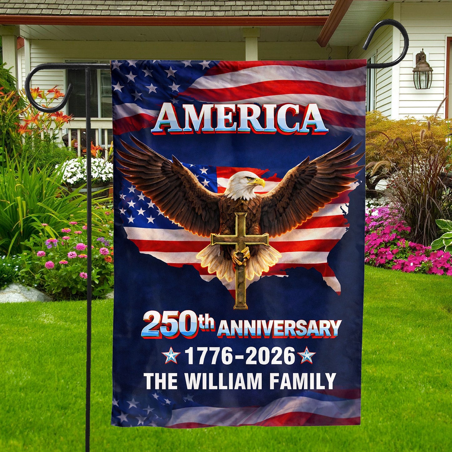 Personalized Family Name America 250th Anniversary Garden Flag. Show your patriotic pride!