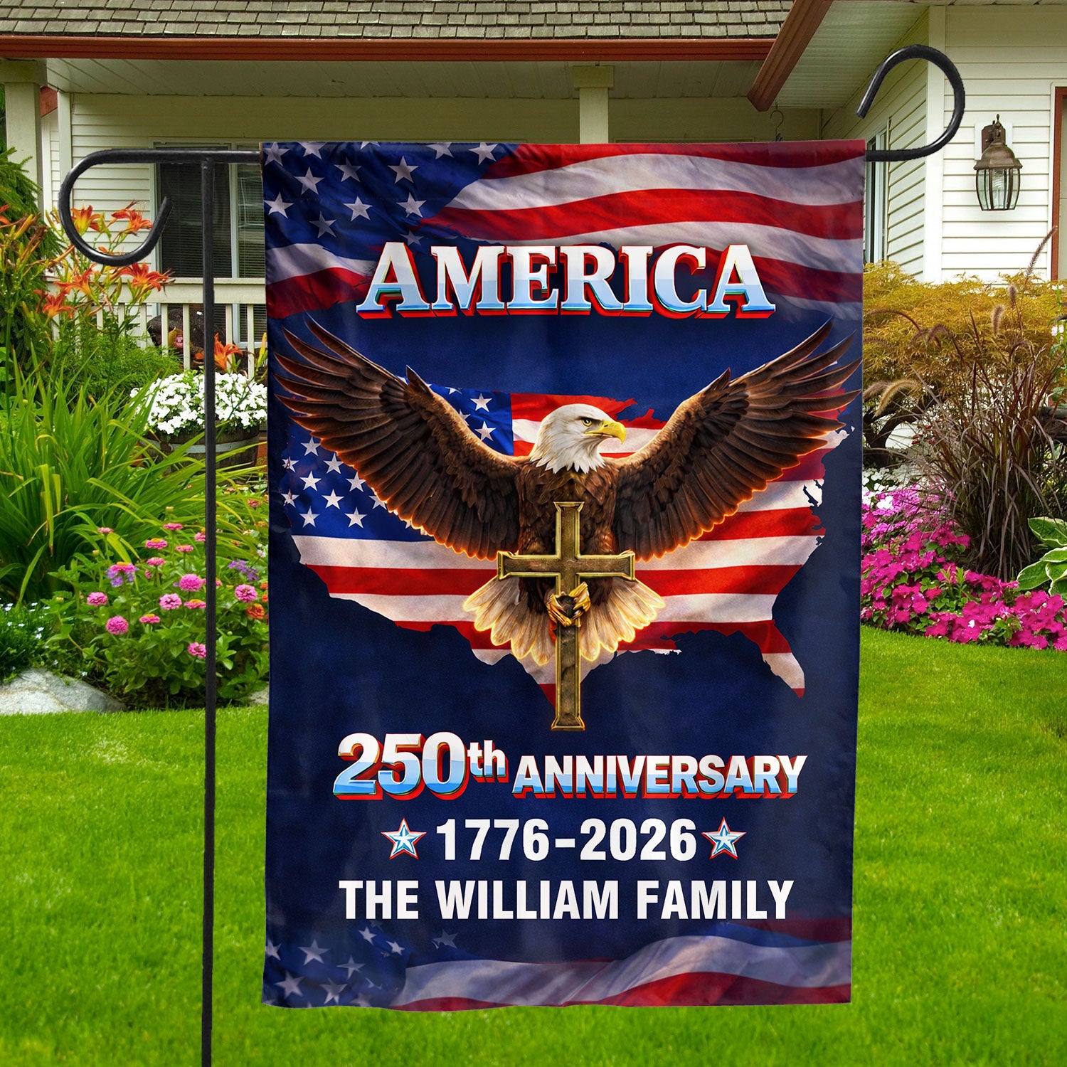 Personalized Family Name America 250th Anniversary Garden Flag. Show your patriotic pride!