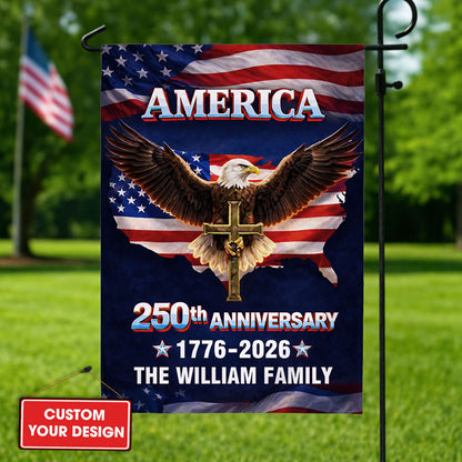 Personalized Family Name America 250th Anniversary Garden Flag. Show your patriotic pride!