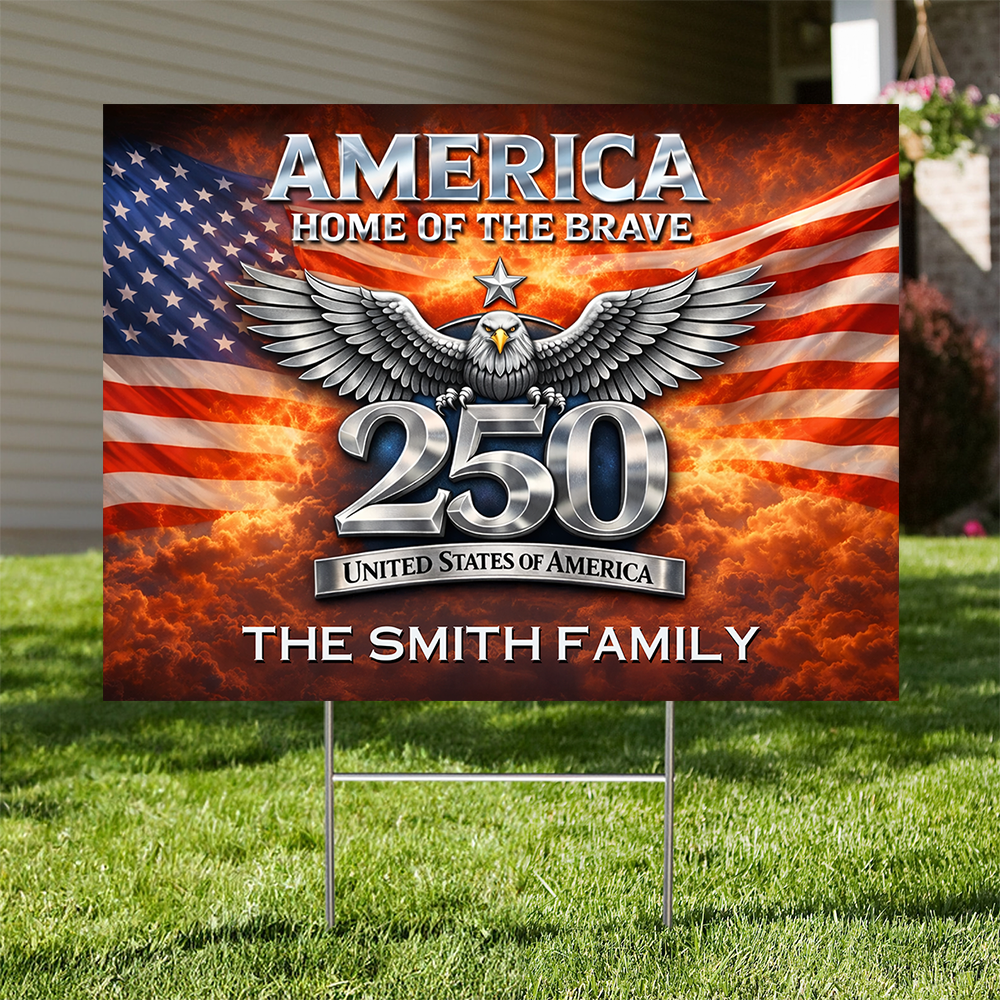 Personalized Family Name USA 250th Anniversary Lawn Sign with [Your Family Name] and American flag design.