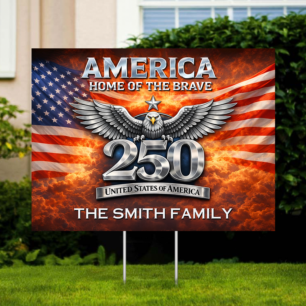 Personalized Family Name USA 250th Anniversary Lawn Sign with [Your Family Name] and American flag design.
