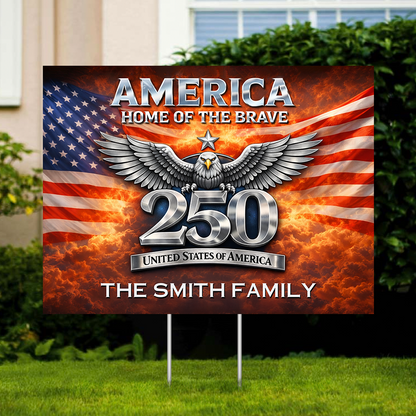 Personalized Family Name USA 250th Anniversary Lawn Sign with [Your Family Name] and American flag design.