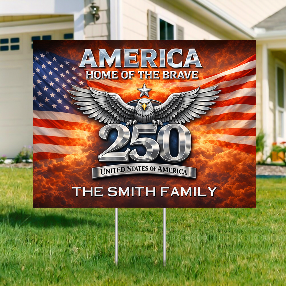 Personalized Family Name USA 250th Anniversary Lawn Sign with [Your Family Name] and American flag design.