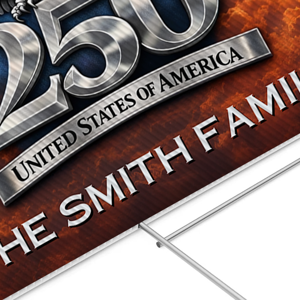Personalized Family Name USA 250th Anniversary Lawn Sign with [Your Family Name] and American flag design.