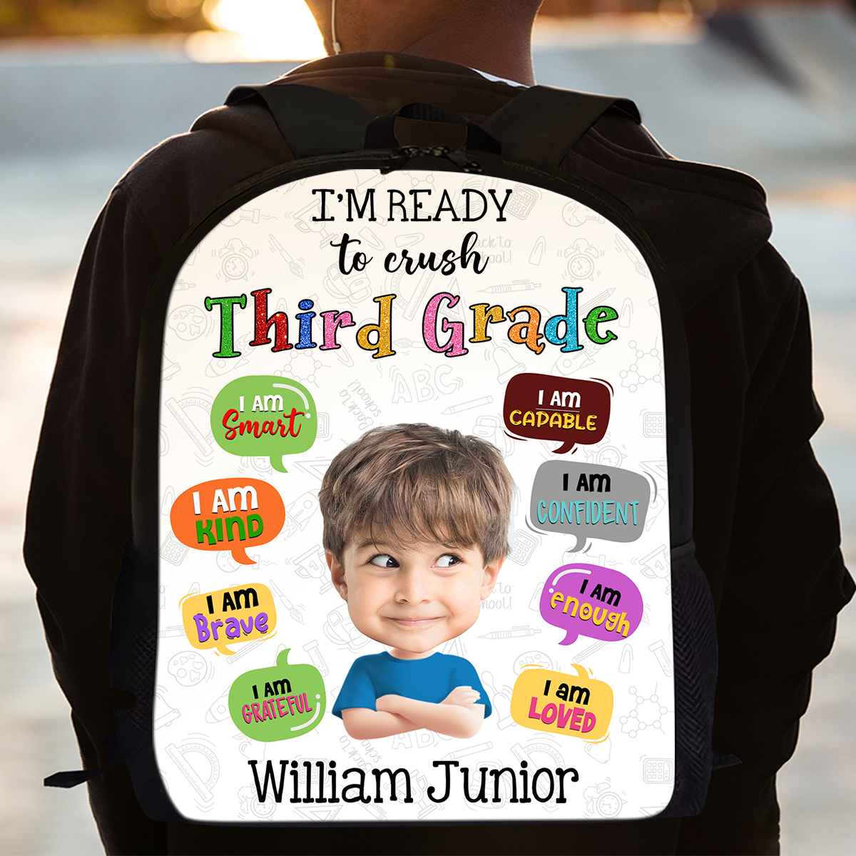 Personalized kids backpack with custom name, perfect birthday gift and school bag.