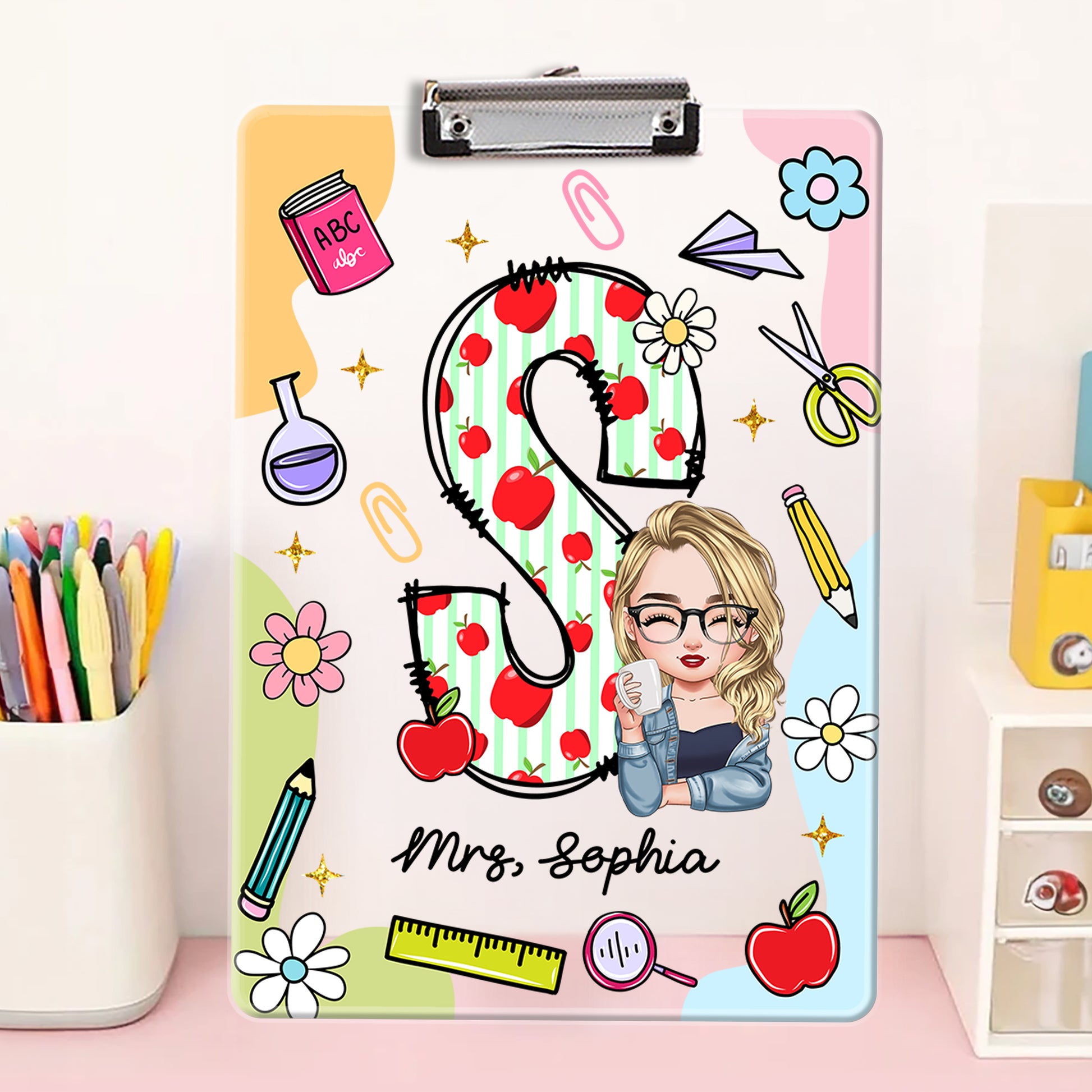 Personalized acrylic clipboard with teacher's name, a custom letter name gift from Jillian Customs.