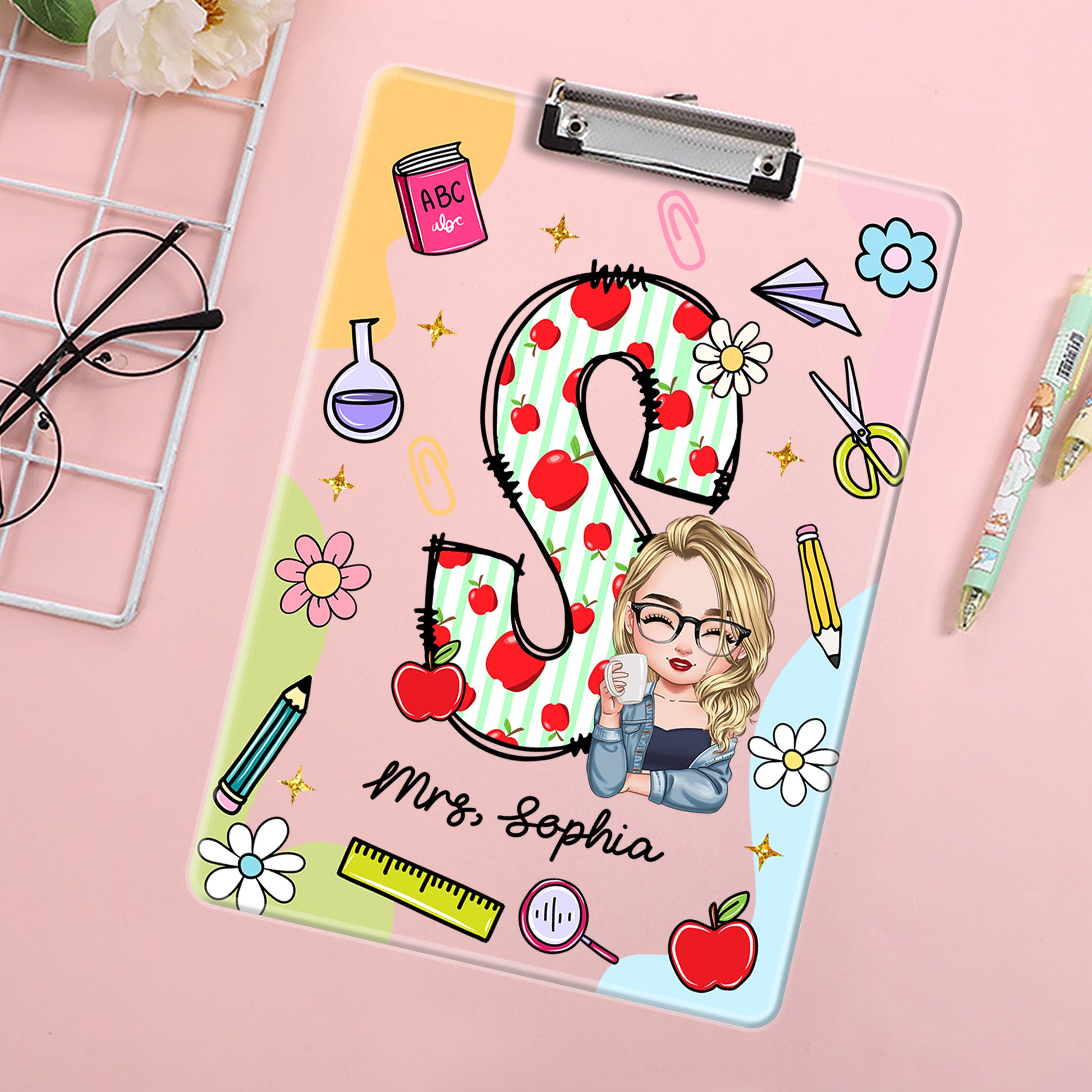 Personalized acrylic clipboard with teacher's name, a custom letter name gift from Jillian Customs.