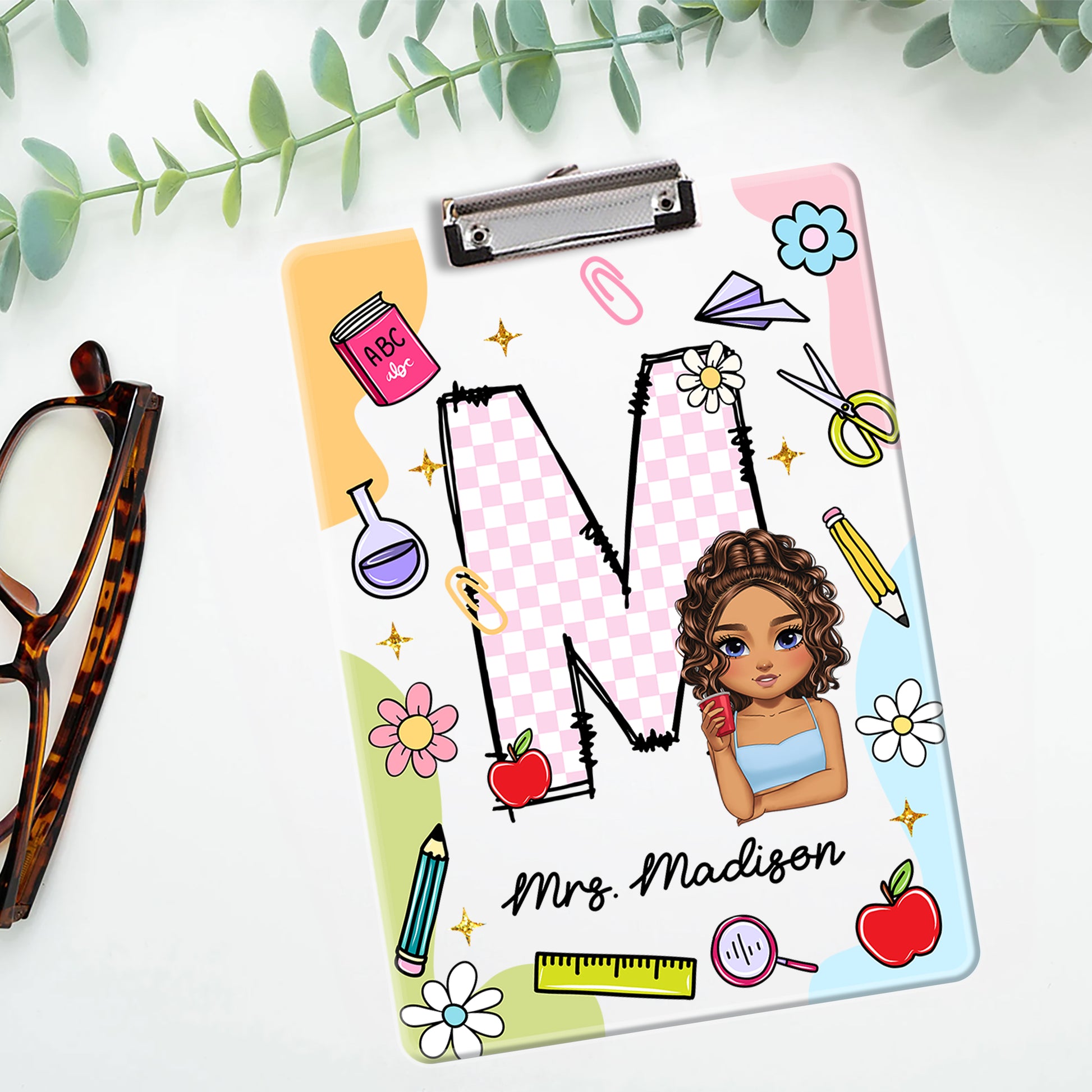 Personalized acrylic clipboard with teacher's name, a custom letter name gift from Jillian Customs.