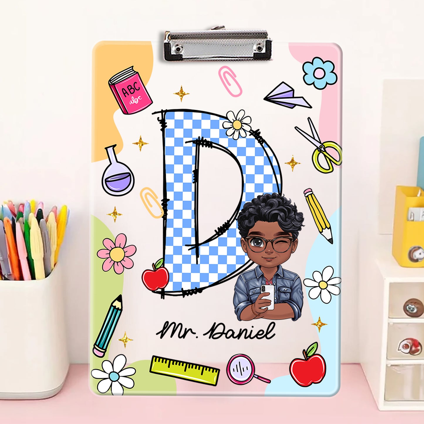 Personalized acrylic clipboard with teacher's name, a custom letter name gift from Jillian Customs.