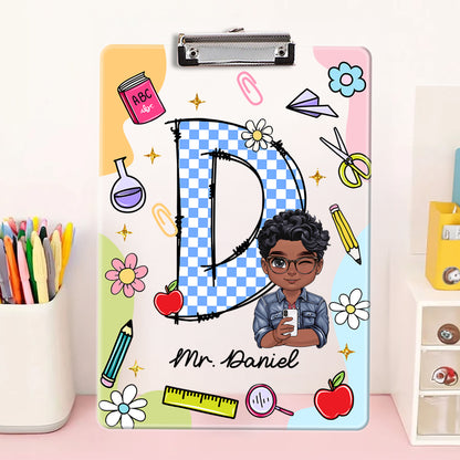 Personalized acrylic clipboard with teacher's name, a custom letter name gift from Jillian Customs.