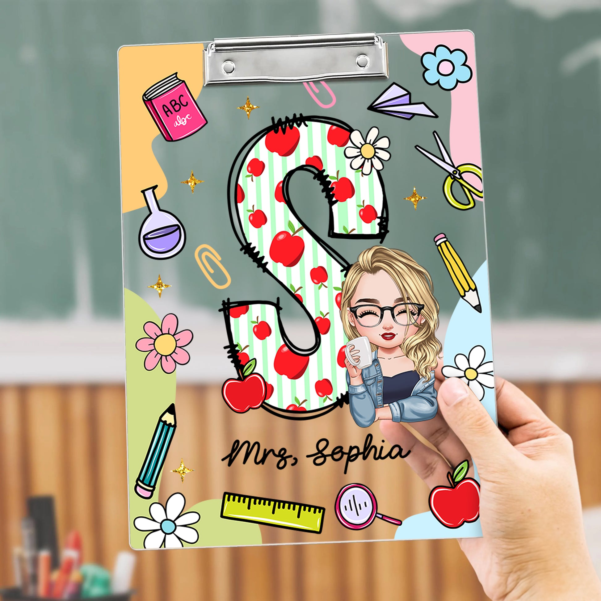 Personalized acrylic clipboard with teacher's name, a custom letter name gift from Jillian Customs.