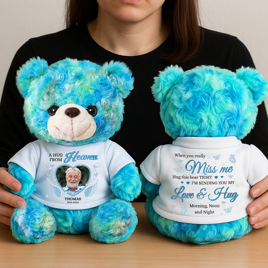 Personalized "A Hug From Heaven" memorial teddy bear, a comforting plush gift.