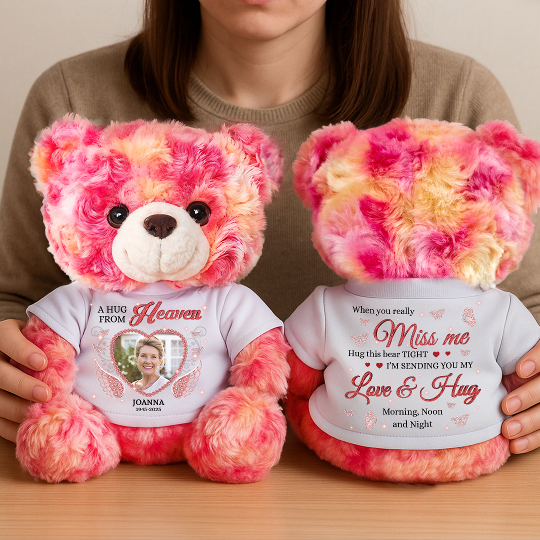 Personalized "A Hug From Heaven" memorial teddy bear, a comforting plush gift.
