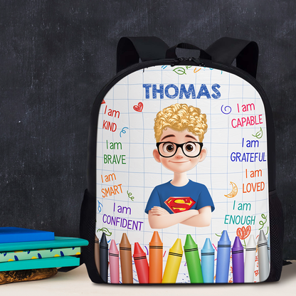 Personalized Name Kids Backpack in blue with dinosaur design, perfect birthday gift for toddlers and school children.