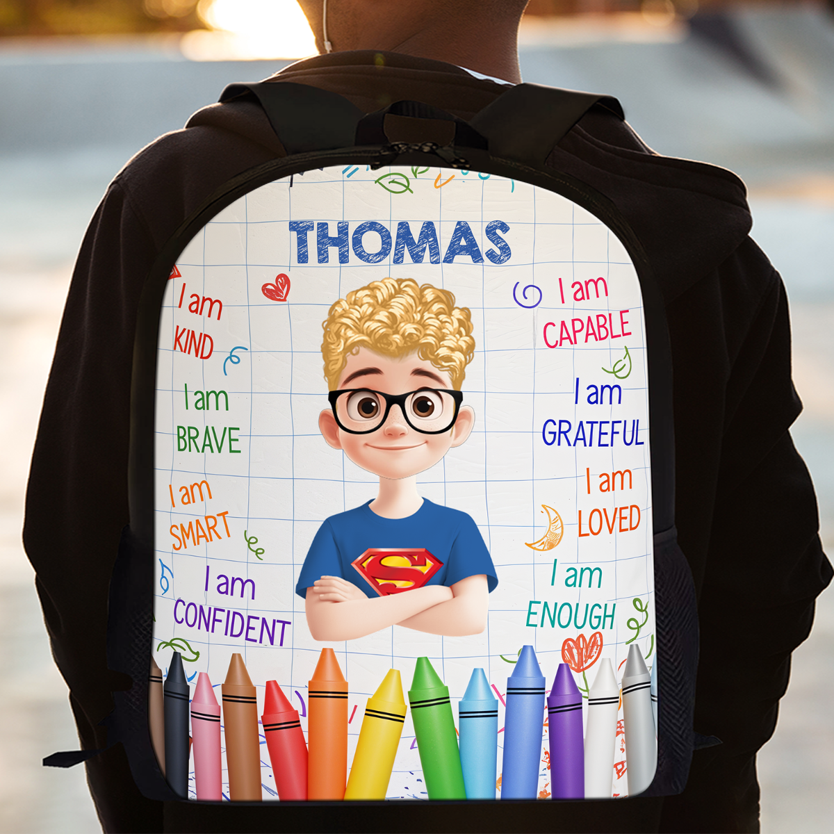 Personalized Name Kids Backpack in blue with dinosaur design, perfect birthday gift for toddlers and school children.