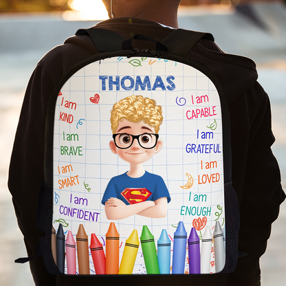 Personalized Name Kids Backpack in blue with dinosaur design, perfect birthday gift for toddlers and school children.