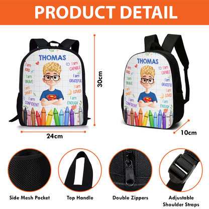 Personalized Name Kids Backpack in blue with dinosaur design, perfect birthday gift for toddlers and school children.