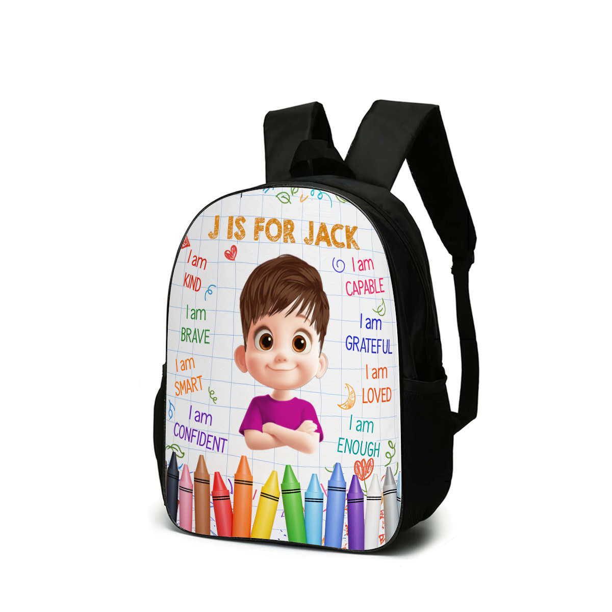 Personalized Name Kids Backpack in blue with dinosaur design, perfect birthday gift for toddlers and school children.