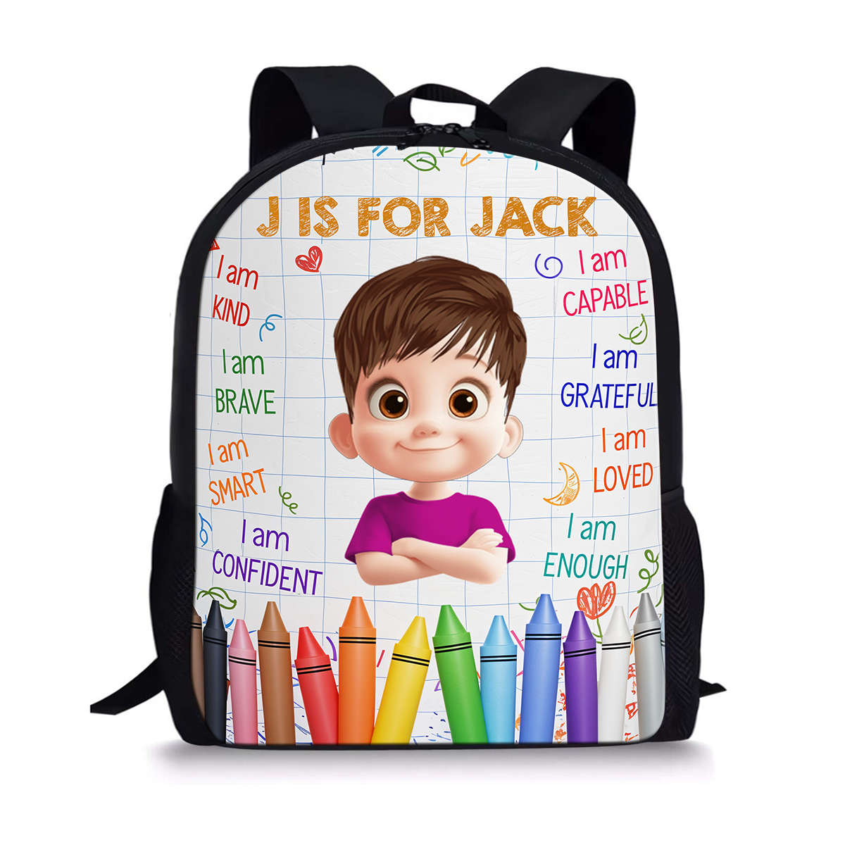 Personalized Name Kids Backpack in blue with dinosaur design, perfect birthday gift for toddlers and school children.
