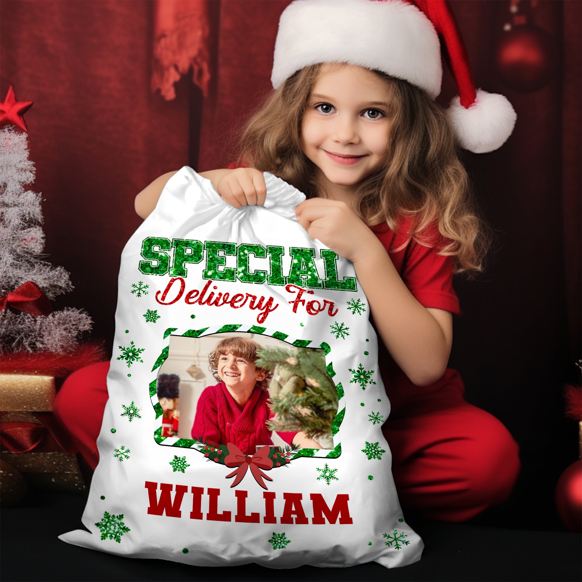 Personalized Santa Christmas bag, red sack with custom name for family gifts this holiday season.